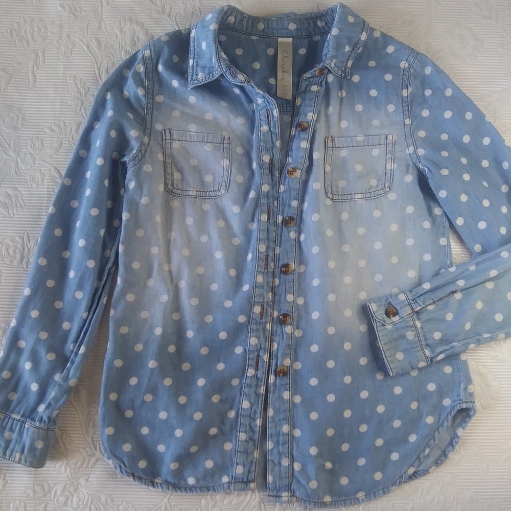 Cherokee | Distressed Polka Dot Chambray Shirt | S | Button Front Cuffs